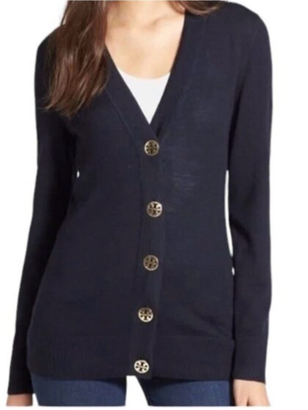 Tory Burch Classic V-Neck Long Sleeve Button Cardigan - Navy